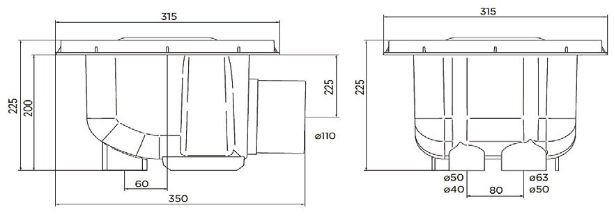 Fenékürítő betonos Aquamax 250 x 250mm D63/75 ragasztós csatlakozóval