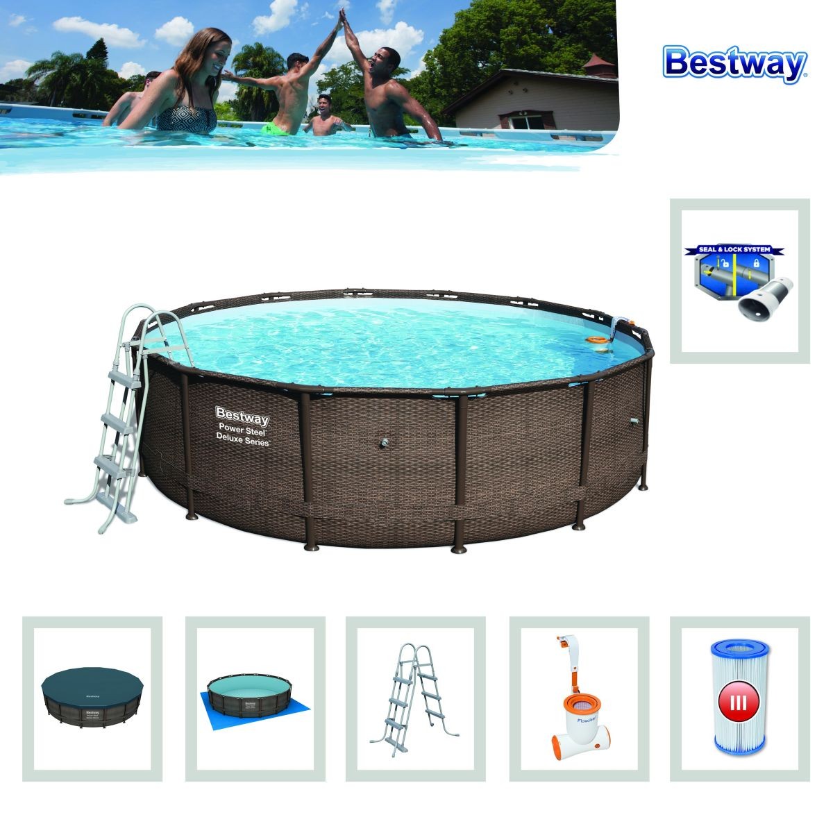 Bestway 56664 kerti medence Fémvázas medence Kerek 13030 L Barna